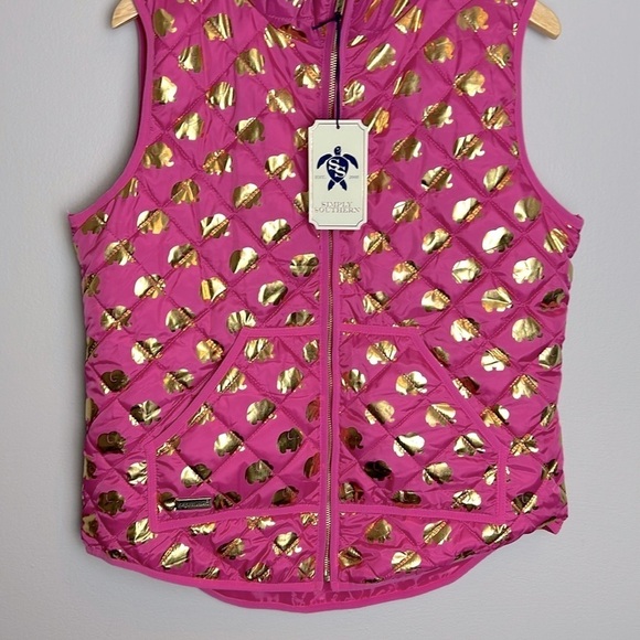 SIMPLY SOUTHERN Puffer Vest Elephant Print Preppy Colligiate Large Gold Pink - Picture 5 of 9